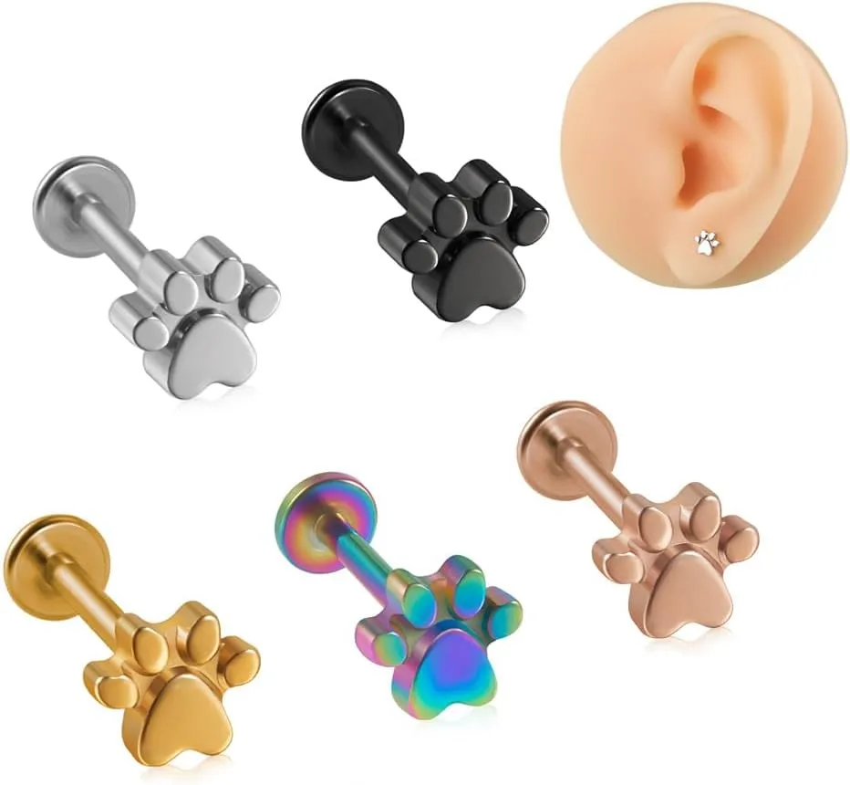 2Pcs 16G Stainless Steel Paw Cartilage Stud Earrings for Women Paw Print Flat Back Earrings Studs Labret Monroe Lip Rings Conch Helix Tragus Piercing Jewelry