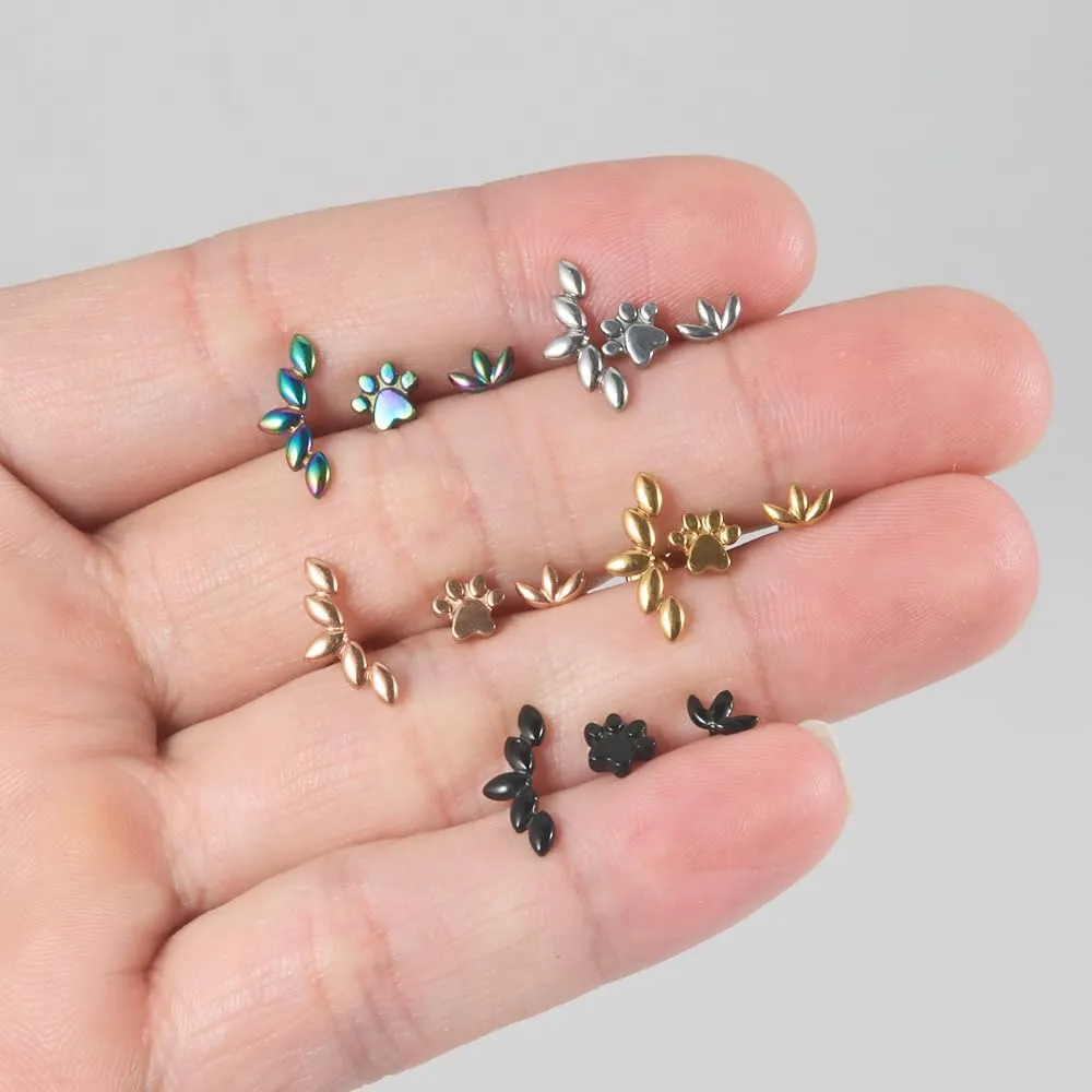 2Pcs 16G Stainless Steel Paw Cartilage Stud Earrings for Women Paw Print Flat Back Earrings Studs Labret Monroe Lip Rings Conch Helix Tragus Piercing Jewelry
