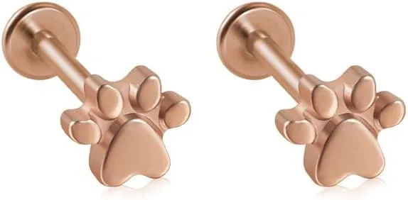 2Pcs 16G Stainless Steel Paw Cartilage Stud Earrings for Women Paw Print Flat Back Earrings Studs Labret Monroe Lip Rings Conch Helix Tragus Piercing Jewelry