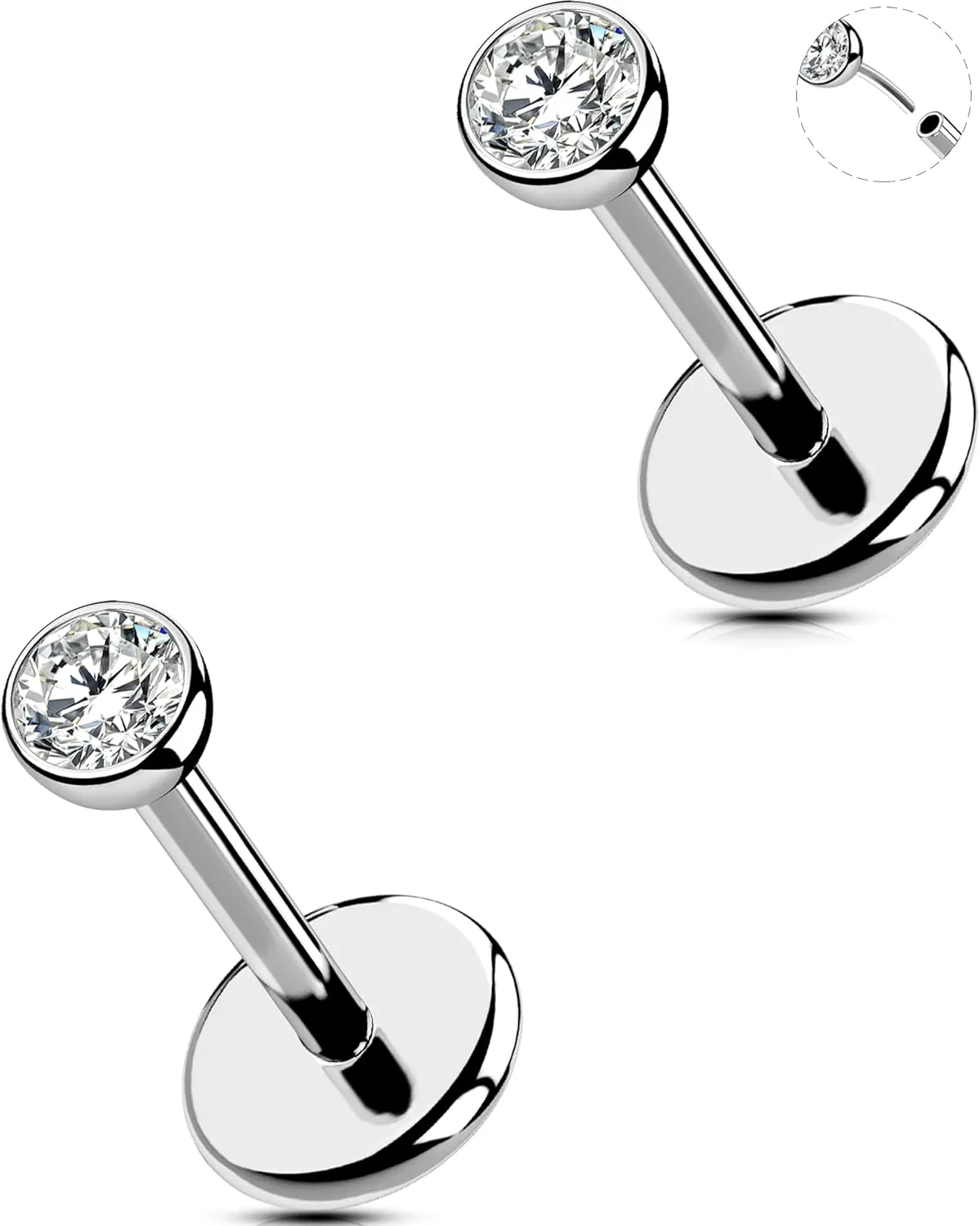 2Pcs 20G/18G/16G Threadless Nose Stud Flat Back Earrings 316L Surgical Steel CZ Daity Nose Helix Cartilage Tragus Conch Labret Medusa Monroe Piercing Jewelry for Women Men
