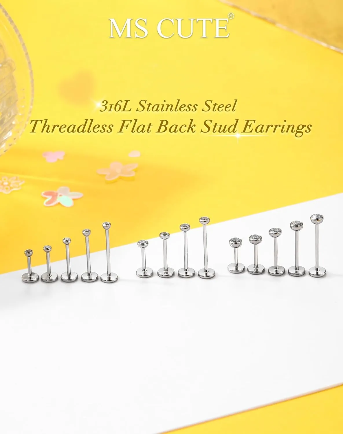 2Pcs 20G/18G/16G Threadless Nose Stud Flat Back Earrings 316L Surgical Steel CZ Daity Nose Helix Cartilage Tragus Conch Labret Medusa Monroe Piercing Jewelry for Women Men