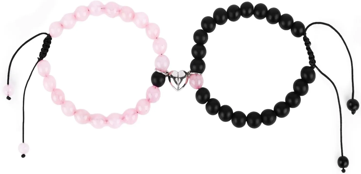 2pcs Couple Bracelets, Adjustable Heart Magnetic Matching Beaded Bracelets Long Distance Relationship Jewelry Gift for Him Her Friendship Boyfriend Girlfriend Valentines Christmas Birthday