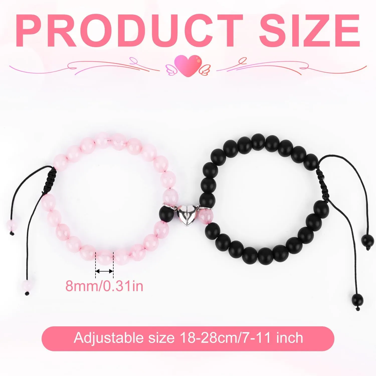 2pcs Couple Bracelets, Adjustable Heart Magnetic Matching Beaded Bracelets Long Distance Relationship Jewelry Gift for Him Her Friendship Boyfriend Girlfriend Valentines Christmas Birthday