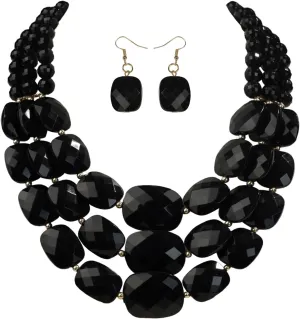 3 Layer Beaded Statement Chunky Necklaces and Earrings Set, Handmade Jewelry Set for Women, African Tribal Costume Collar Necklace
