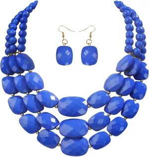 3 Layer Beaded Statement Chunky Necklaces and Earrings Set, Handmade Jewelry Set for Women, African Tribal Costume Collar Necklace