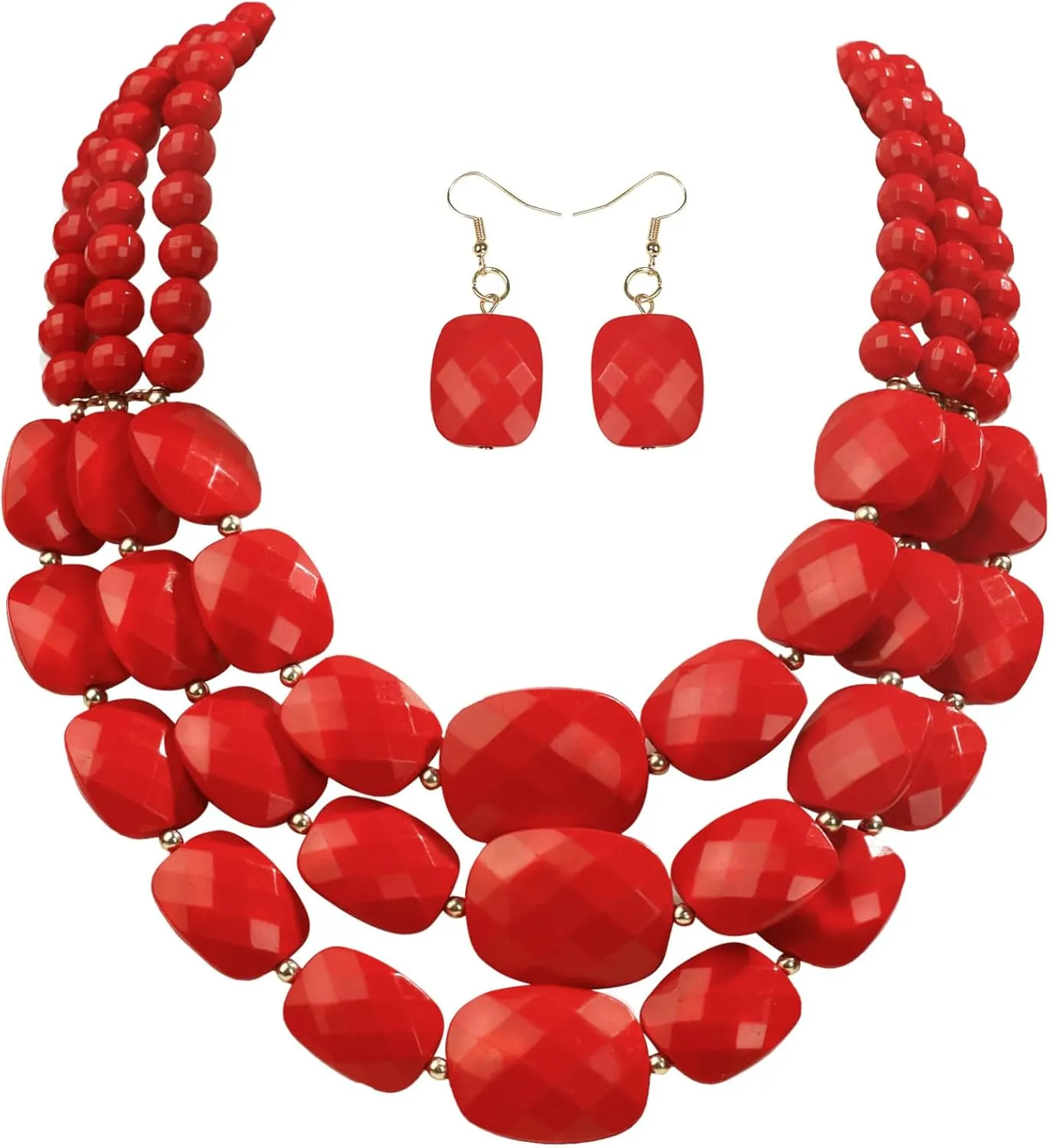 3 Layer Beaded Statement Chunky Necklaces and Earrings Set, Handmade Jewelry Set for Women, African Tribal Costume Collar Necklace
