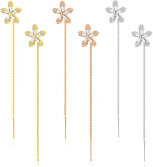 3 Pairs Crystal Snowflake Threader Dangle Earrings for Women CZ Flower Chain Tassel Earring Snow Flake Thread Sparkly Lightweight Jewelry Gifts
