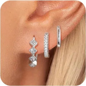 3 Pairs Gold/Silver Hoop Earrings Set for Women,Dainty Cubic Zirconia Hoop Earrings Women Stack Hypoallergenic Trendy Pack Jewelry