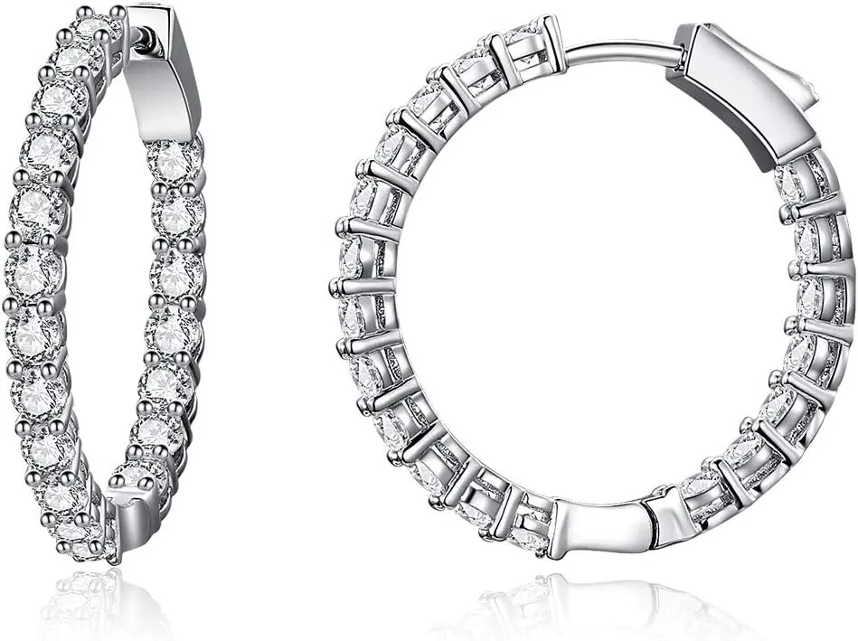 30MM Dainty Sterling Silver Post CZ Hoop Earrings Elegant Inside-Out with Medium Size Hoops Earrings For Women Fashion Crystal Jewelry Gifts