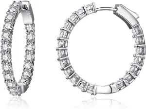30MM Dainty Sterling Silver Post CZ Hoop Earrings Elegant Inside-Out with Medium Size Hoops Earrings For Women Fashion Crystal Jewelry Gifts