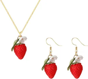 3PCS Red Strawberry Jewelry Set for Women Dainty Lovely Sweet Strawberry Fruit Pendant Necklace Fashion Strawberry Rhinestone Bracelet Birthday Party Chic Jewelry