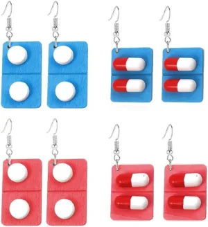 4 Pairs Funny Medicine Earrings Set for Women Unique Cute Handmade Wooden Capsule-shaped Pills Board Dangle Drop Earrings Jewelry Gifts