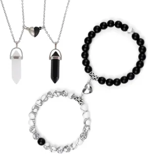 4 Pieces Couple Necklaces Bracelets Jewelry Sets for Women Unisex Hexagonal Crystal Necklace Heart Stone Beaded Stretch Bracelet White Black for BFF Friendship