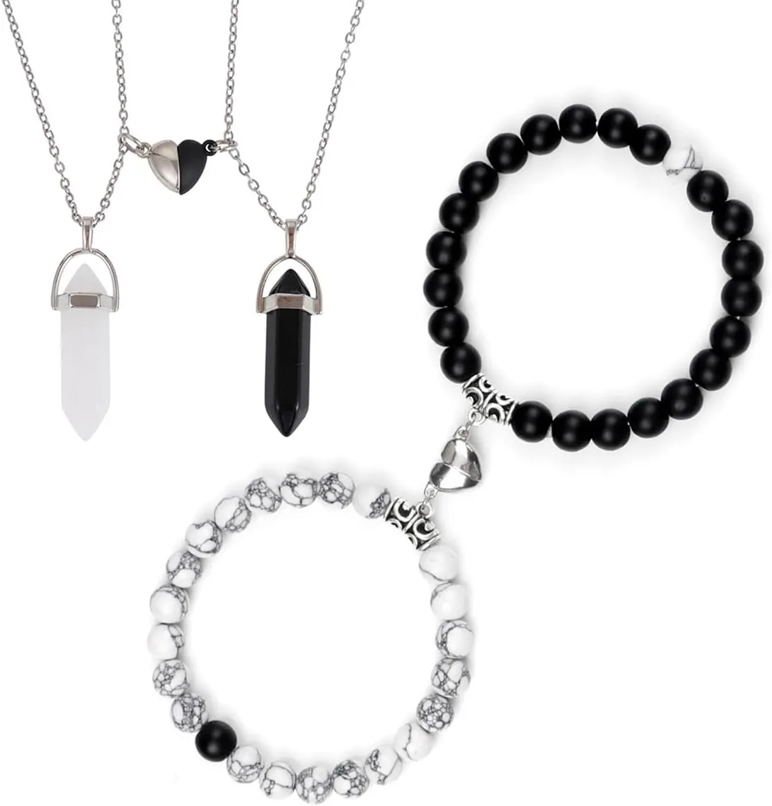 4 Pieces Couple Necklaces Bracelets Jewelry Sets for Women Unisex Hexagonal Crystal Necklace Heart Stone Beaded Stretch Bracelet White Black for BFF Friendship