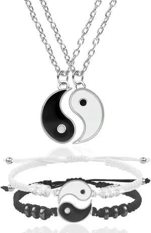4 Pieces Enamel Yin Yang Pendant Necklace Couples Bracelet Jewelry Sets for Women Adjustable Cord Bracelets Necklaces for 2 Matching Friend for BFF Friendship
