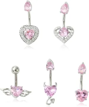 5 pcs 5 Styles Heart Teardrop Angel Shape Pink Cubic Zirconia Belly Bars 304 Stainless Steel Belly Rings Navel Ring for Body Jewelry Ornaments Craft Decor