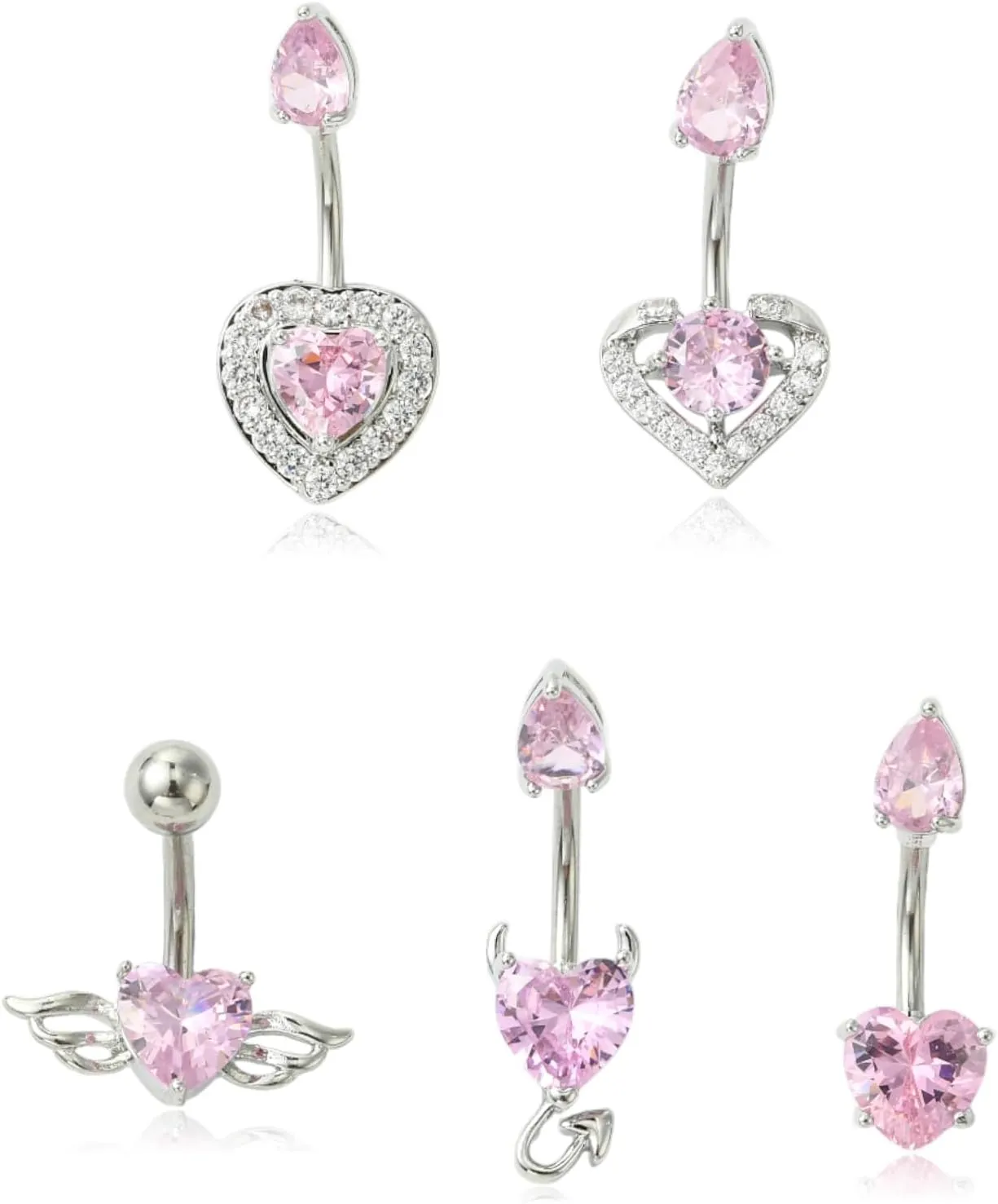 5 pcs 5 Styles Heart Teardrop Angel Shape Pink Cubic Zirconia Belly Bars 304 Stainless Steel Belly Rings Navel Ring for Body Jewelry Ornaments Craft Decor