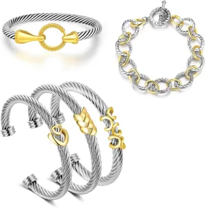 5 Pcs Cuff Bracelets for Women - Silver Cable Bracelets Two Tone Gold Hook - Mixed Metal Designer Dupes Chain Bracelet Stackable Jewelry Gift
