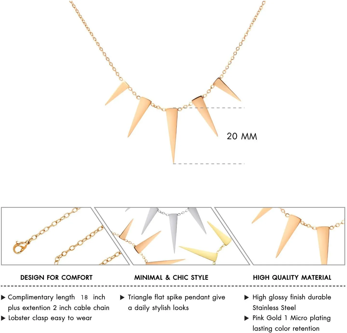 555Jewelry Womens Figaro Chain Stainless Steel Spiky Triangle Pendant Necklace