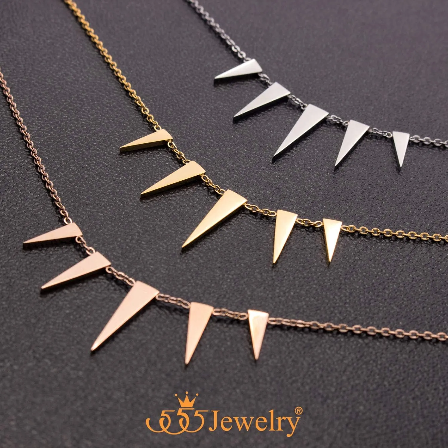 555Jewelry Womens Figaro Chain Stainless Steel Spiky Triangle Pendant Necklace