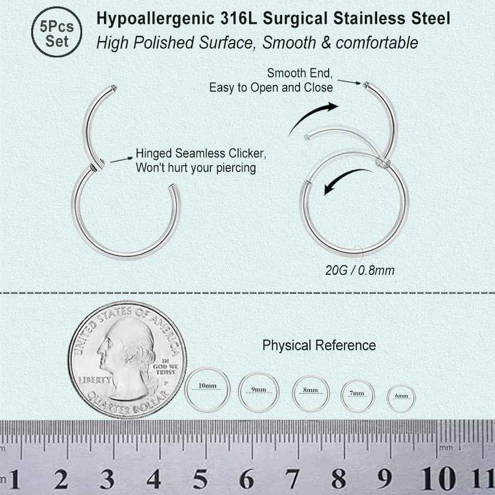 5pcs Hypoallergenic Nose Rings Hoops for Women Men 16G/18G/20G 316L Surgical Steel Hinged Clicker Segment for Nostril Septum Helix Cartilage Daith Tragus Conch Rook Lip Ear Lobe Earrings