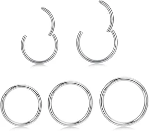 5pcs Hypoallergenic Nose Rings Hoops for Women Men 16G/18G/20G 316L Surgical Steel Hinged Clicker Segment for Nostril Septum Helix Cartilage Daith Tragus Conch Rook Lip Ear Lobe Earrings