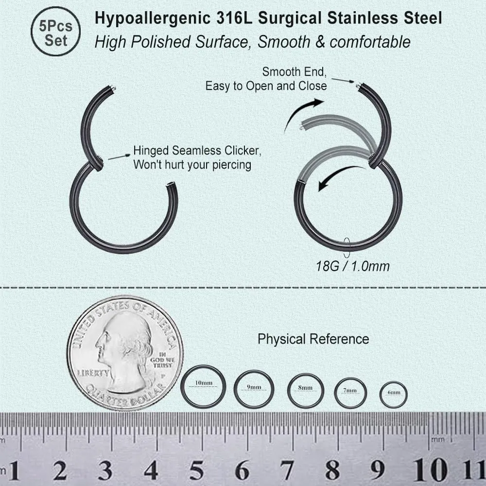 5pcs Hypoallergenic Nose Rings Hoops for Women Men 16G/18G/20G 316L Surgical Steel Hinged Clicker Segment for Nostril Septum Helix Cartilage Daith Tragus Conch Rook Lip Ear Lobe Earrings