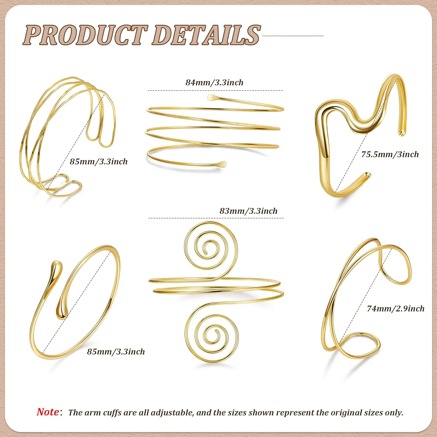 6Pcs Arm Cuff Gold Upper Arm Cuff Bracelet for Women Adjustable Open Cuff Bangle Minimalist Coil Swirl Armlet Armband Jewelry Set