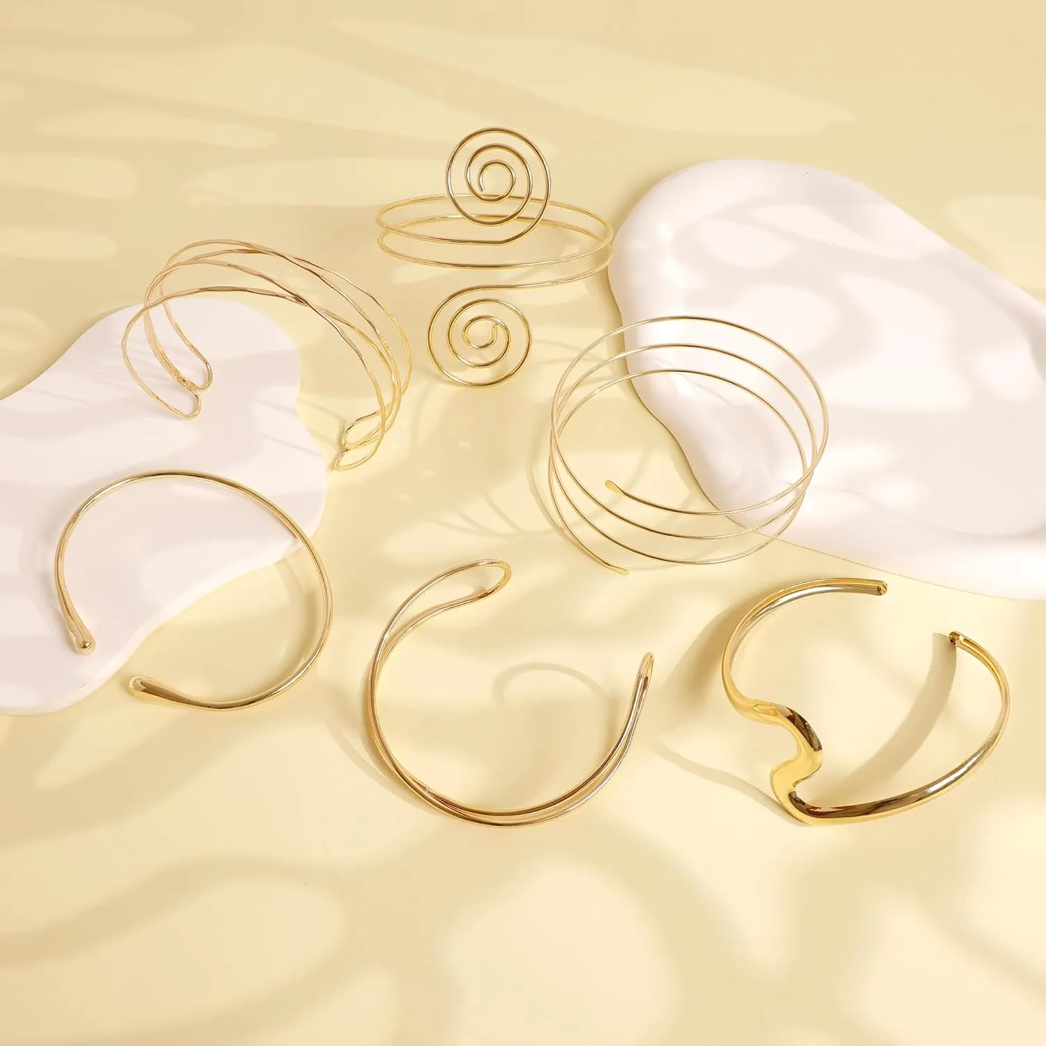 6Pcs Arm Cuff Gold Upper Arm Cuff Bracelet for Women Adjustable Open Cuff Bangle Minimalist Coil Swirl Armlet Armband Jewelry Set