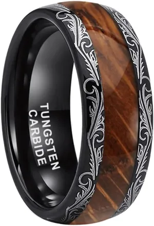 8mm Black Tungsten Rings for Men Women Whiskey Barrel Wood Inlay Vintage Baroque Frame Leaf Engagement Wedding Promise Band Domed Polished Shiny Comfort Fit