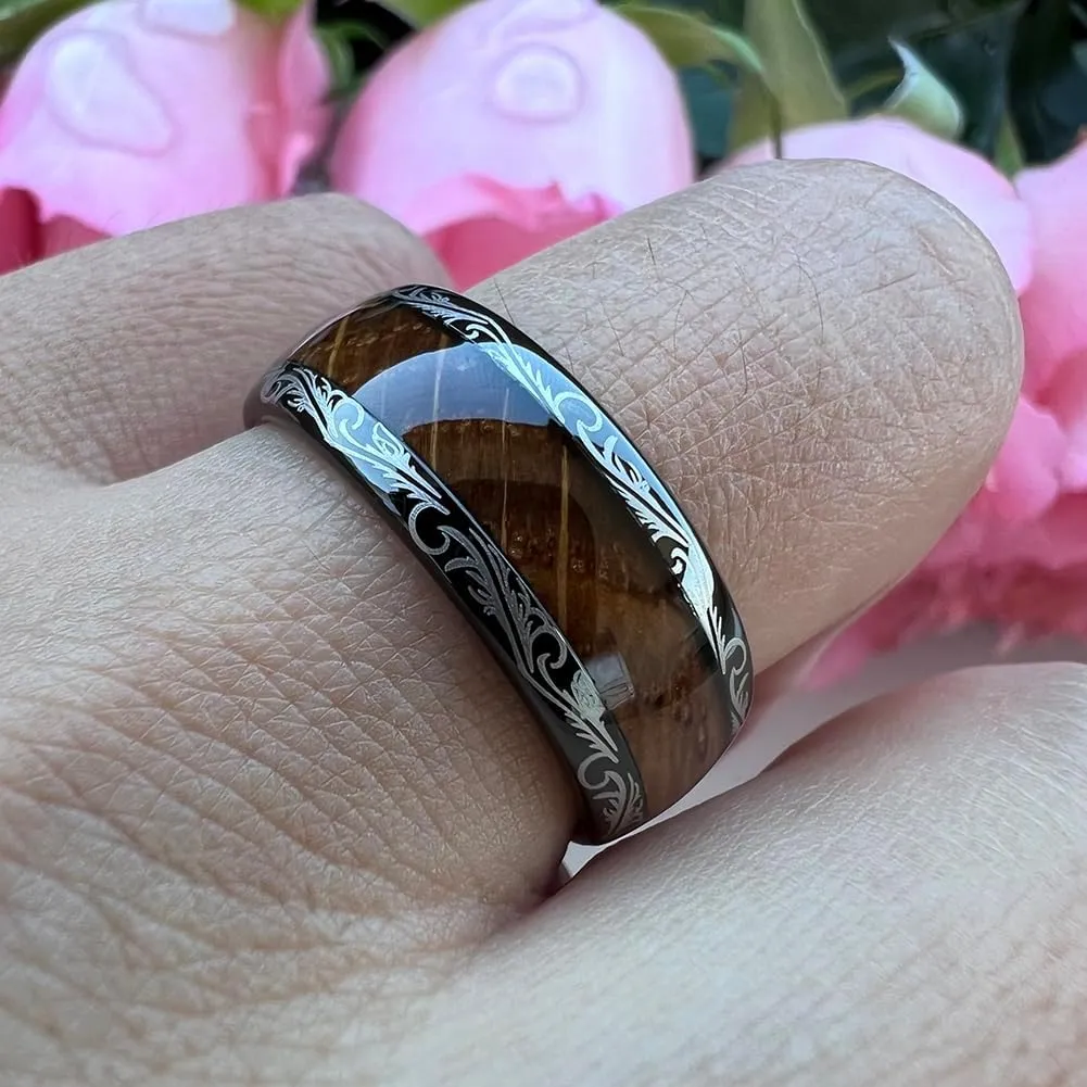 8mm Black Tungsten Rings for Men Women Whiskey Barrel Wood Inlay Vintage Baroque Frame Leaf Engagement Wedding Promise Band Domed Polished Shiny Comfort Fit