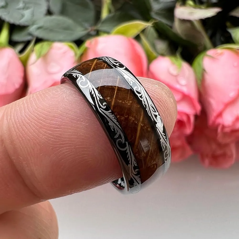 8mm Black Tungsten Rings for Men Women Whiskey Barrel Wood Inlay Vintage Baroque Frame Leaf Engagement Wedding Promise Band Domed Polished Shiny Comfort Fit