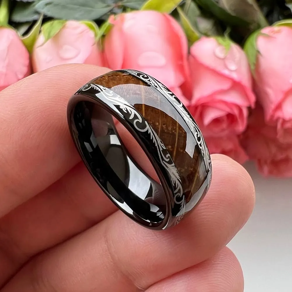 8mm Black Tungsten Rings for Men Women Whiskey Barrel Wood Inlay Vintage Baroque Frame Leaf Engagement Wedding Promise Band Domed Polished Shiny Comfort Fit
