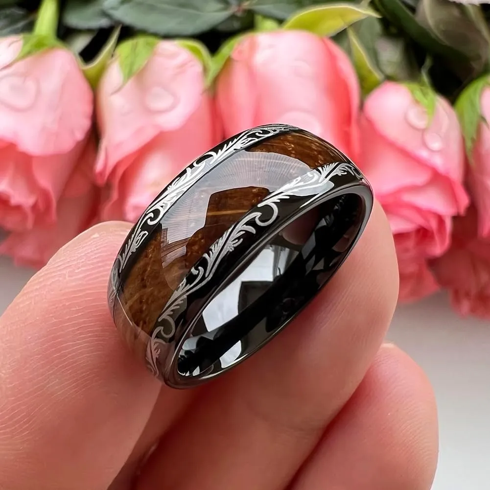 8mm Black Tungsten Rings for Men Women Whiskey Barrel Wood Inlay Vintage Baroque Frame Leaf Engagement Wedding Promise Band Domed Polished Shiny Comfort Fit