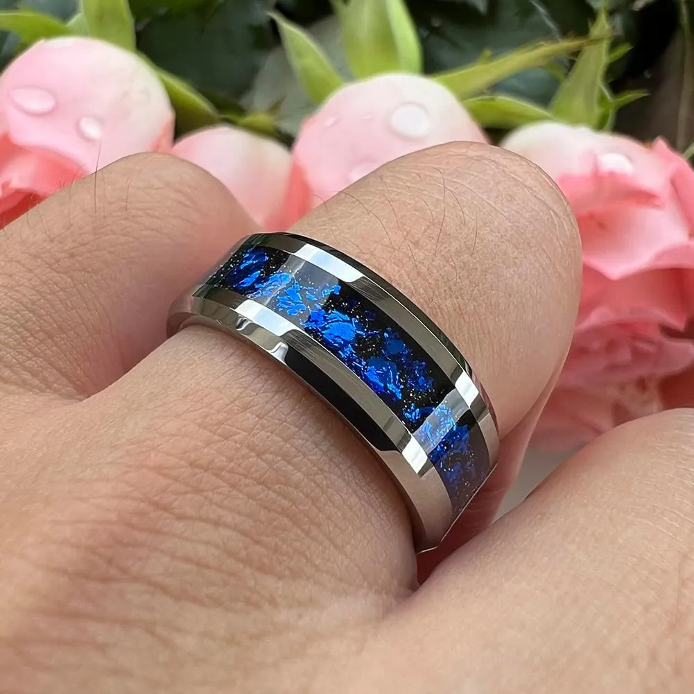 8mm Silver/Black Tungsten Rings for Men Women Orion Nebula Galaxy Opal Blue Gold Foils Inlay Engagement Wedding Promise Band Beveled Edges Polished Comfort Fit