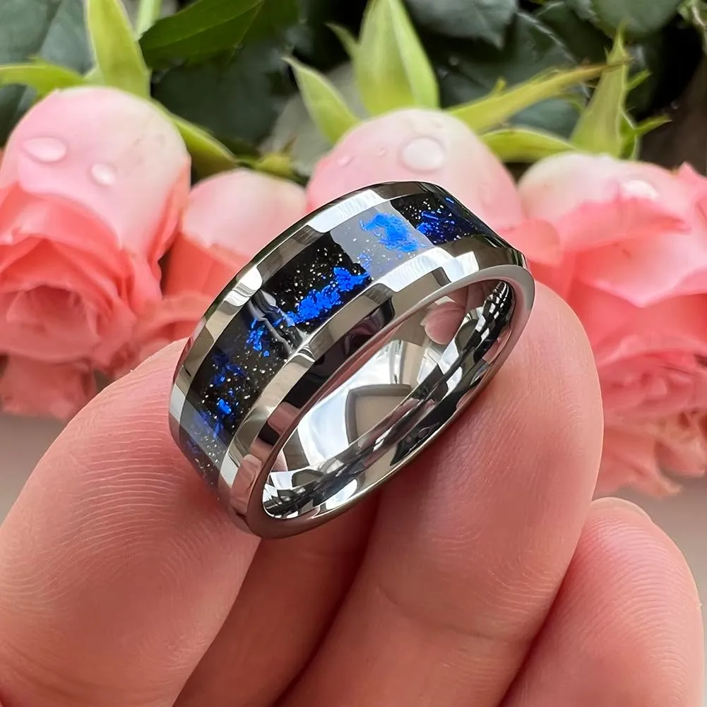 8mm Silver/Black Tungsten Rings for Men Women Orion Nebula Galaxy Opal Blue Gold Foils Inlay Engagement Wedding Promise Band Beveled Edges Polished Comfort Fit