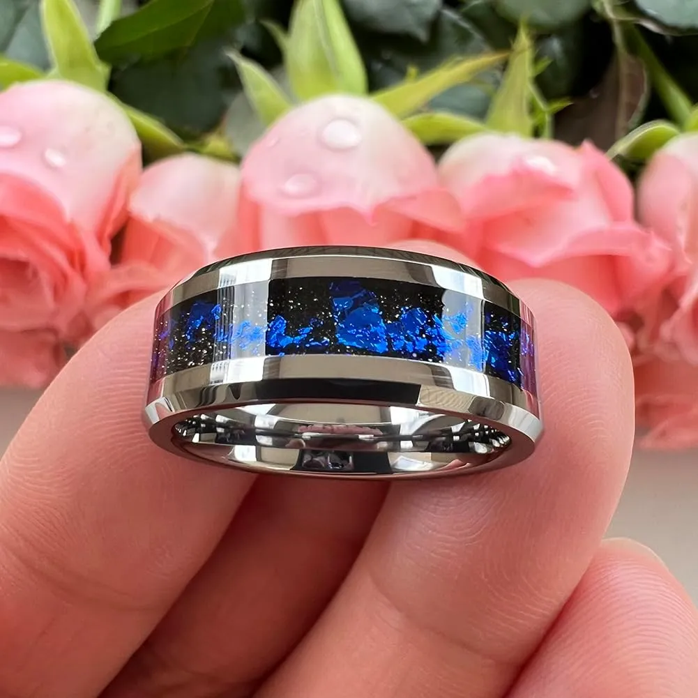8mm Silver/Black Tungsten Rings for Men Women Orion Nebula Galaxy Opal Blue Gold Foils Inlay Engagement Wedding Promise Band Beveled Edges Polished Comfort Fit