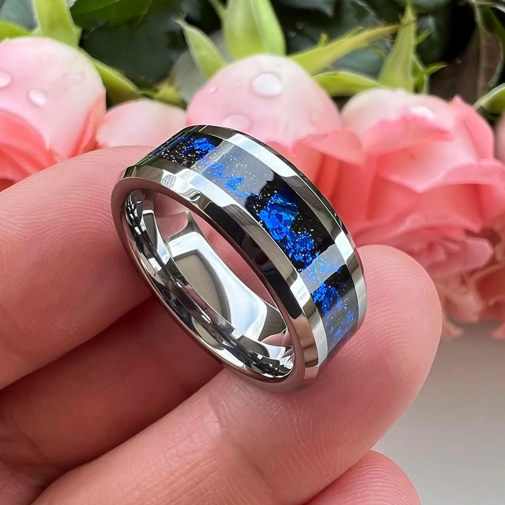 8mm Silver/Black Tungsten Rings for Men Women Orion Nebula Galaxy Opal Blue Gold Foils Inlay Engagement Wedding Promise Band Beveled Edges Polished Comfort Fit