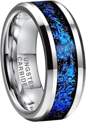 8mm Silver/Black Tungsten Rings for Men Women Orion Nebula Galaxy Opal Blue Gold Foils Inlay Engagement Wedding Promise Band Beveled Edges Polished Comfort Fit