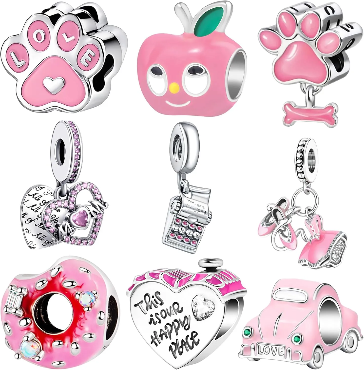 9 Pack Silver Spacer Beads Charms fit Pandora Bracelet CZ Pendant Set