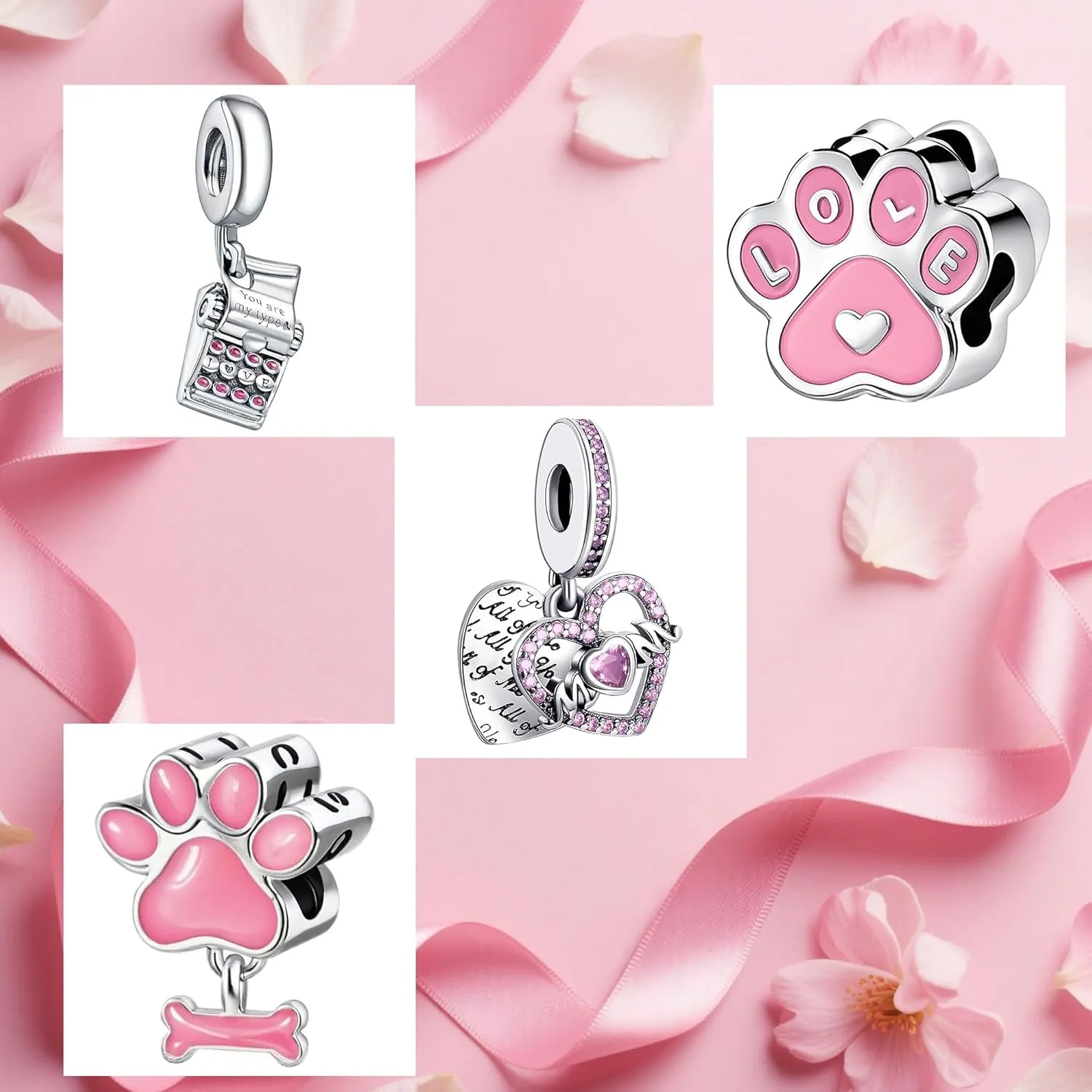 9 Pack Silver Spacer Beads Charms fit Pandora Bracelet CZ Pendant Set