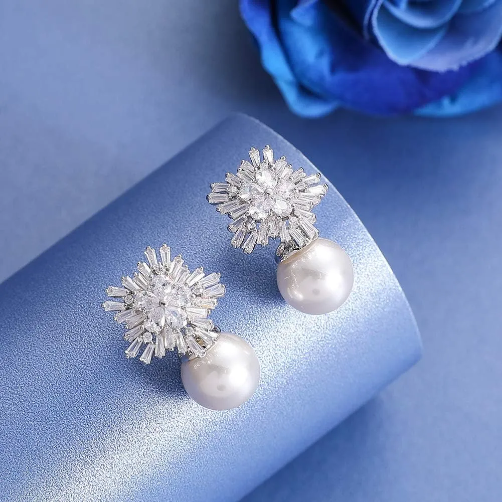 925 Sterling Cubic Zirconia Stud Earrings for Women, Snowflake Pearl Rhinestone Earrings Luxury Bridal Flower Fashion Jewelry