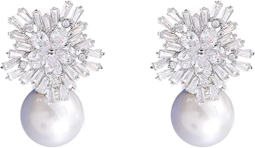 925 Sterling Cubic Zirconia Stud Earrings for Women, Snowflake Pearl Rhinestone Earrings Luxury Bridal Flower Fashion Jewelry