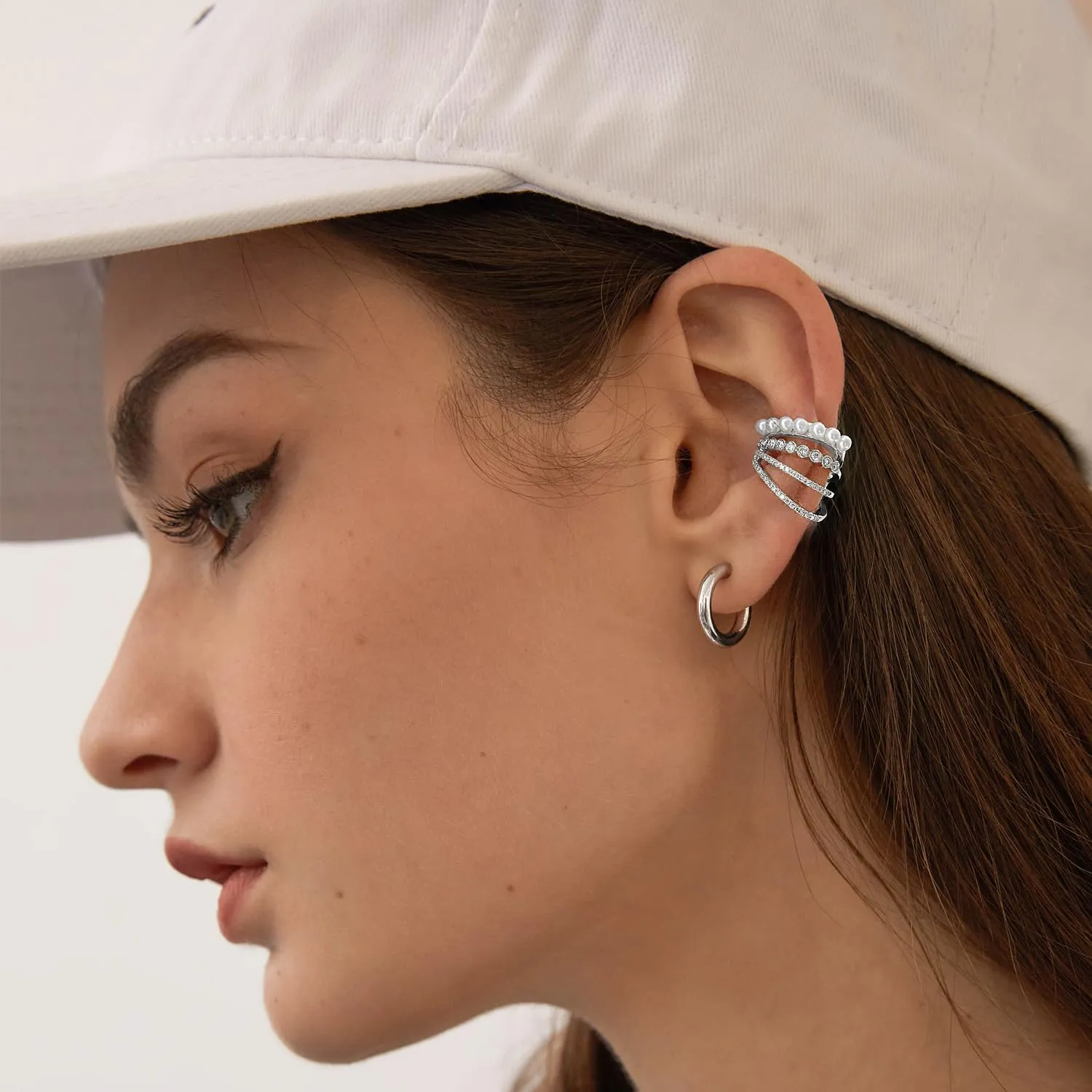 925 Sterling Silver 18K Gold Plated Cubic Zirconia Sparkling Layered Huggie Ear Cuff Gold Pearl Earrings for Women | Non Pierced Chain Ear Cartilage Clip on Wrap Earrings Helix Cuffs