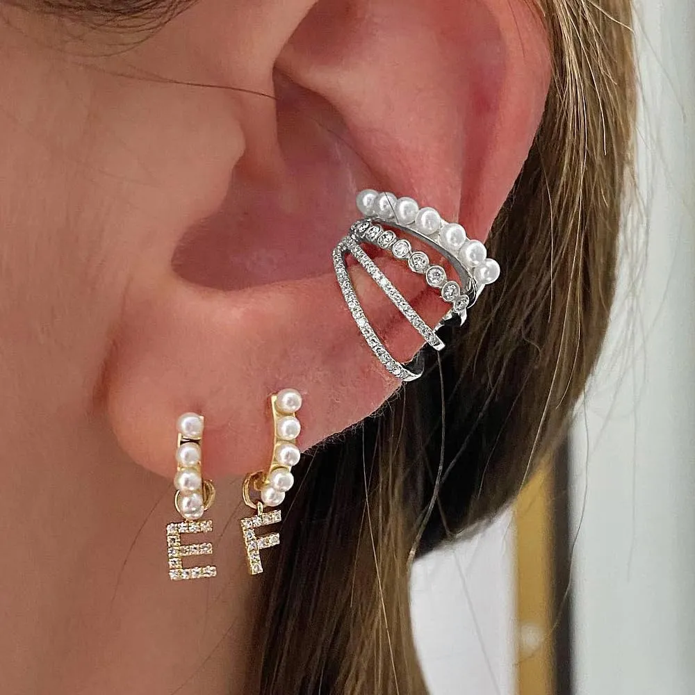 925 Sterling Silver 18K Gold Plated Cubic Zirconia Sparkling Layered Huggie Ear Cuff Gold Pearl Earrings for Women | Non Pierced Chain Ear Cartilage Clip on Wrap Earrings Helix Cuffs