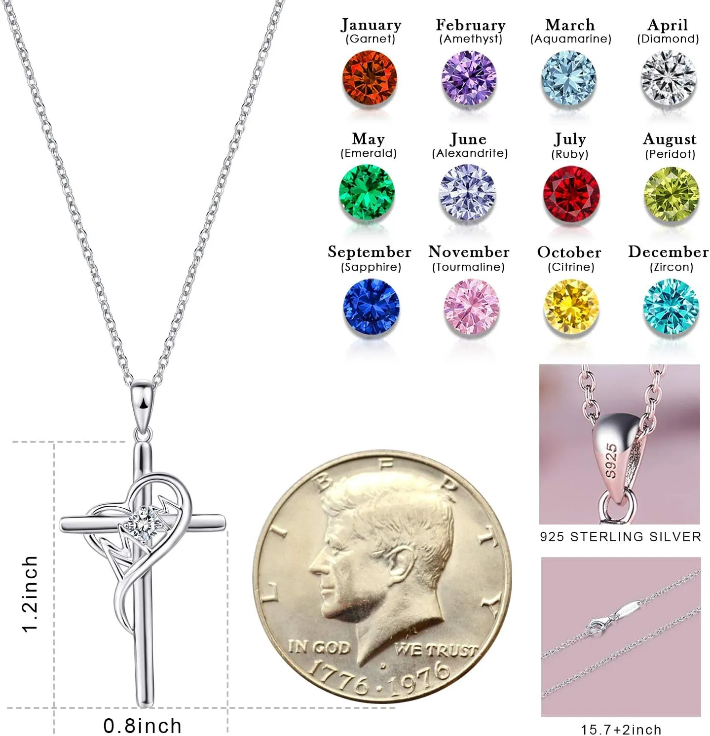 925 Sterling Silver Cross Necklace for Women Mom Necklace Birthstone Necklaces for Mom