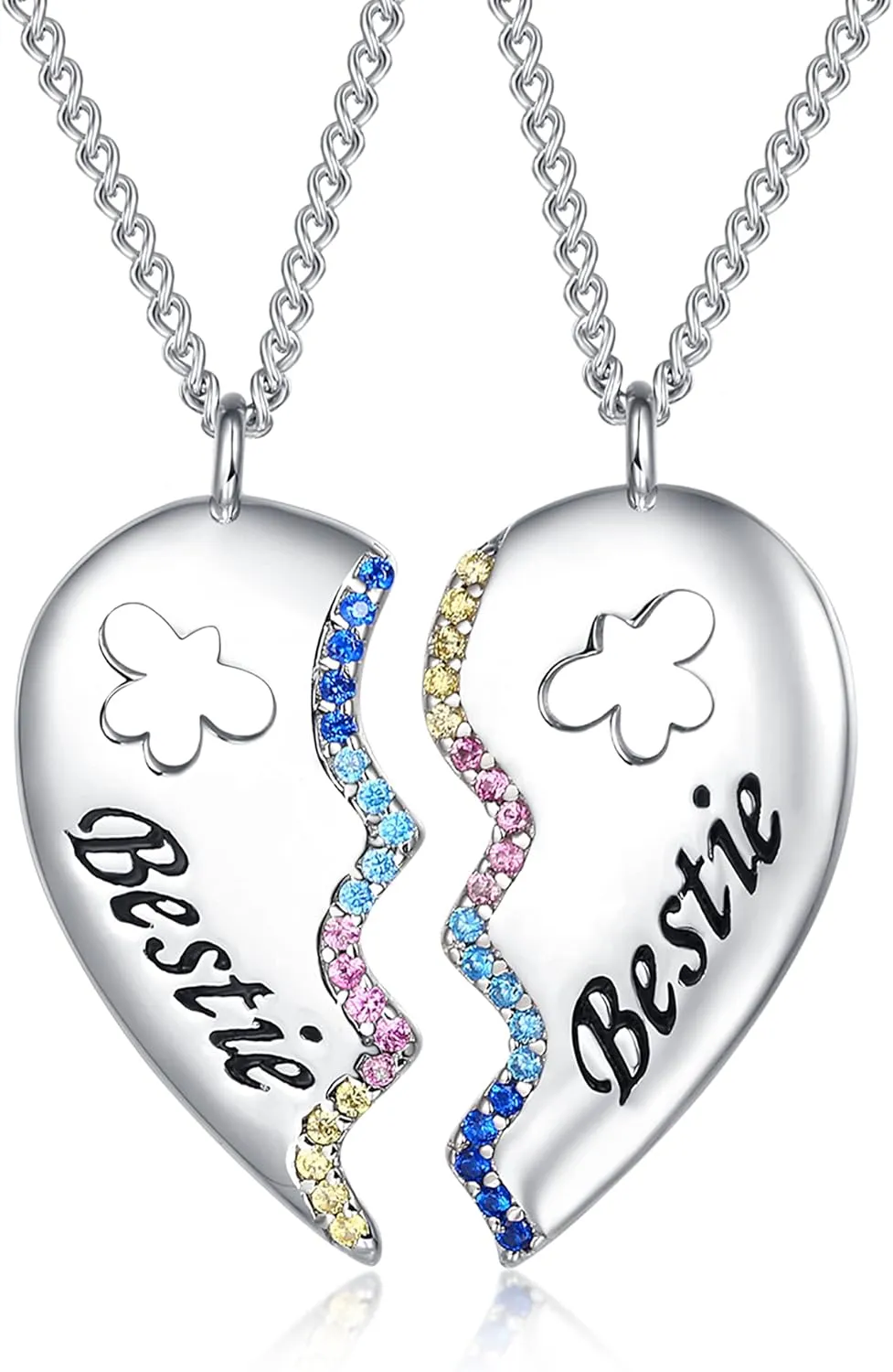 925 Sterling Silver Cz Best Friend Bestie Matching Broken Joined Half Split Love Heart Pendant Necklace for 2 Women Bff Friendship Mom Mommy Mother Daughter Jewelry Valentine Graduation Birthday Gifts