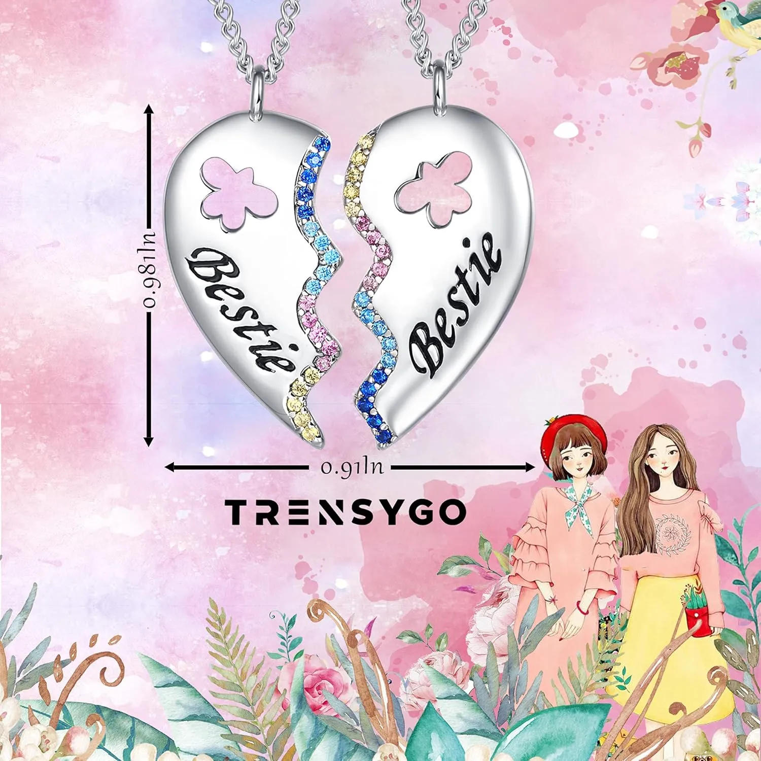 925 Sterling Silver Cz Best Friend Bestie Matching Broken Joined Half Split Love Heart Pendant Necklace for 2 Women Bff Friendship Mom Mommy Mother Daughter Jewelry Valentine Graduation Birthday Gifts