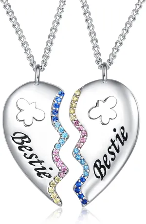 925 Sterling Silver Cz Best Friend Bestie Matching Broken Joined Half Split Love Heart Pendant Necklace for 2 Women Bff Friendship Mom Mommy Mother Daughter Jewelry Valentine Graduation Birthday Gifts