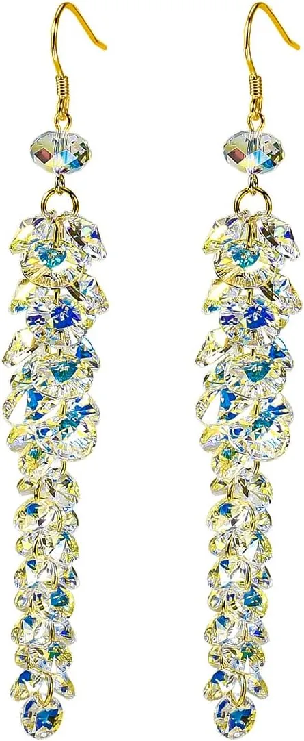 925 Sterling Silver Handmade Earrings Unique sparkle Austrian Crystals Boho Dangle fringed hook Ideal Jewelry Gift for Women Ladies